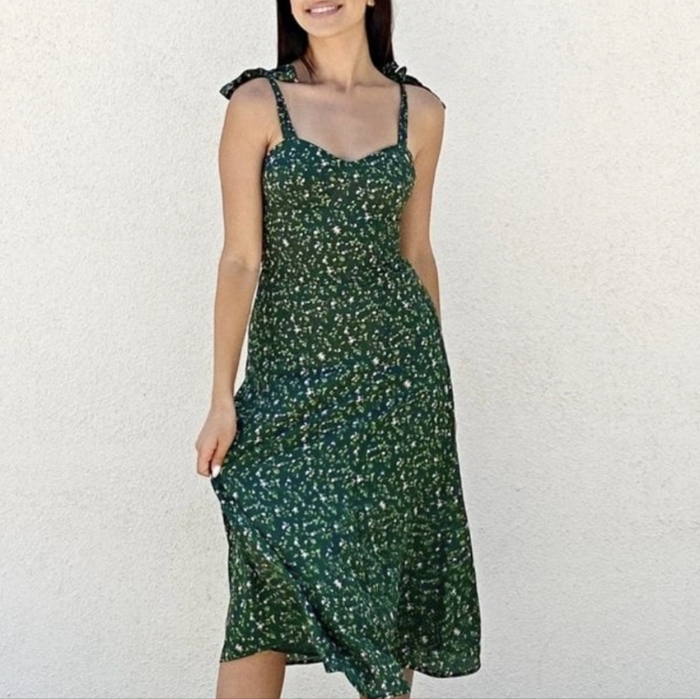 Reborn Green & Pink Floral Tie-Straps Smocked Back Lined Midi Dress, XS, Size 2 - Picture 3 of 14
